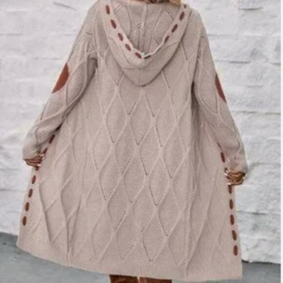 Large Camisa light gray hooded cardigan with brown elbow patches and stitching - Picture 11 of 13